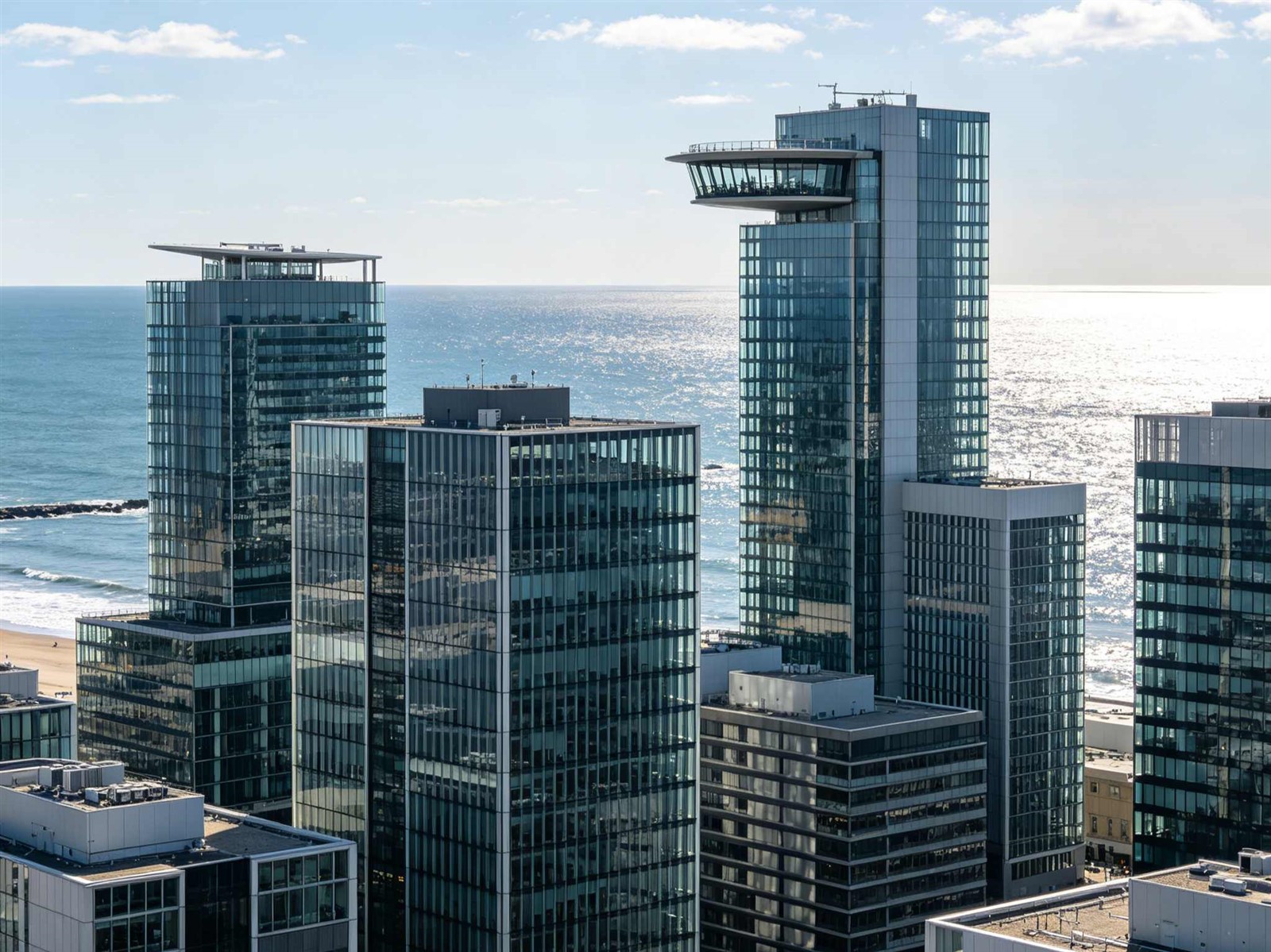 High-rise coastal commercial building with impact resistant windows